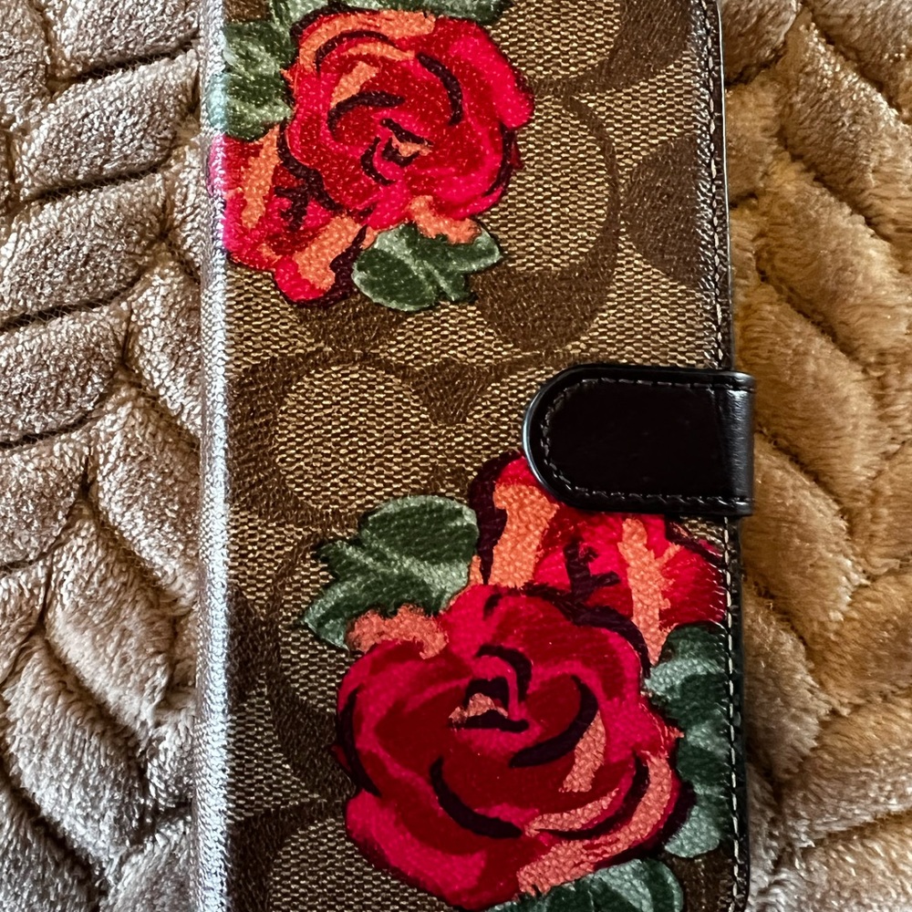 Coach Signature Floral Phone Case - Red and Green on Brown